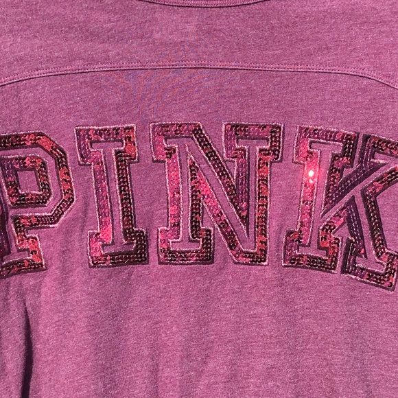 PINK 3/4 SLEEVE RED SEQUIN BLING T SHIRT WOMENS XS - Picture 3 of 7